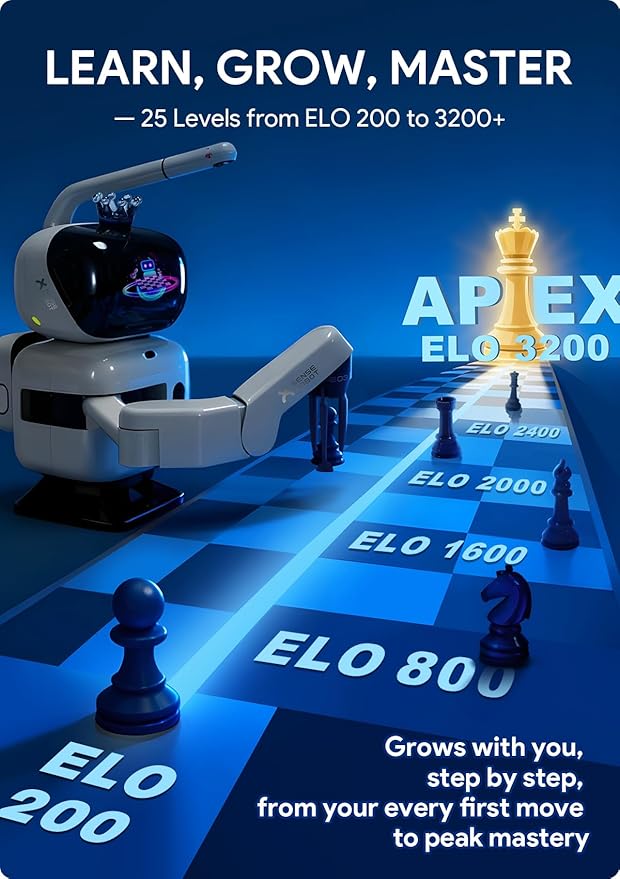 AI Chess Robot with Robotic Arm Electronic Computer Chess Board– 25 AI Levels, 1200+ Exercises, Endgame Trainer, Classic Game Replay, Voice Coaching, Lichess Integration